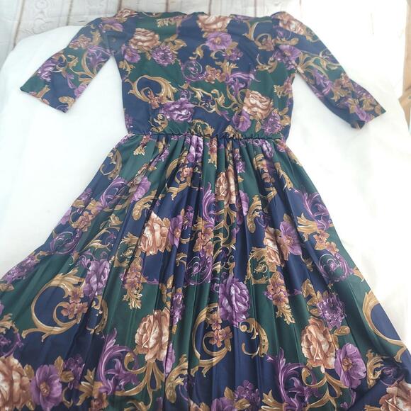 Vintage Elmora Green Blue Purple Flower Blouson Top Pleated Skirt Sizez 14 Dress - Picture 1 of 12